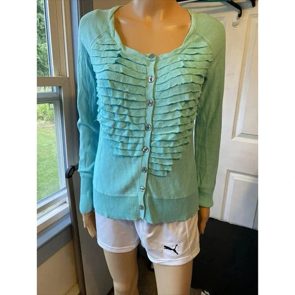 Y2K DKNY Jeans Women’s XS Knit Ruffle Sweater Cardigan Blue Stretch Lightweight - Picture 8 of 8